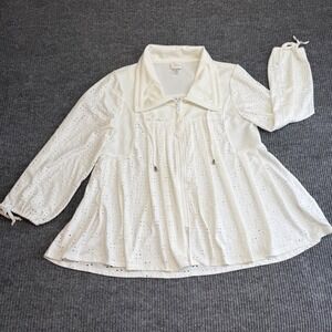 Cupio White Eyelet Full Zip Sweater Women's Large Cowl Neck Drawstring Tunic